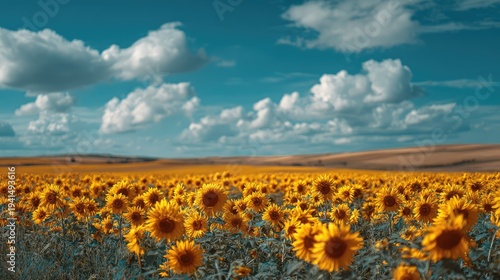 Sunflower field stretching across countryside with soft breeze moving bright petals under blue sky