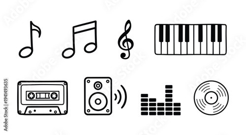Music Notes and Audio Equipment Doodle Icon Set — Cassette, Speaker, Vinyl, Piano Keys