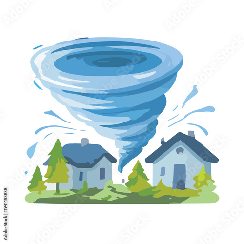 Illustration of a Destructive Tornado with Houses and Trees Landscape