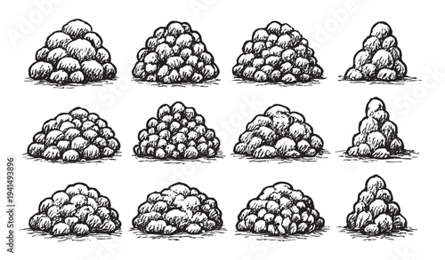 Hand-drawn style black and white illustration of a pattern of rock piles on a clean white backdrop, suitable for texture overlays and digital design projects.