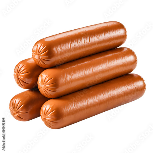 Fresh Raw Sausages Stack Isolated on White Background for Fast Food Branding, Grocery Retail, and Meat Product Packaging.