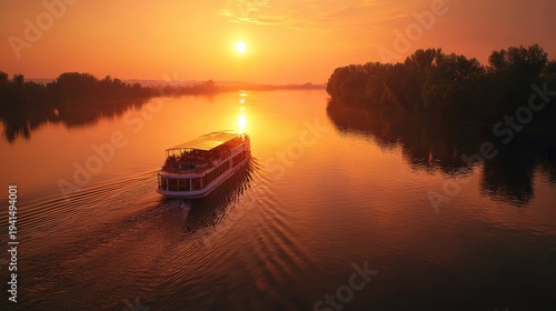 Tour boat cruising along river during golden sunset creating relaxing travel atmosphere