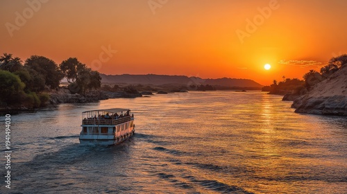 Tour boat cruising along river during golden sunset creating relaxing travel atmosphere
