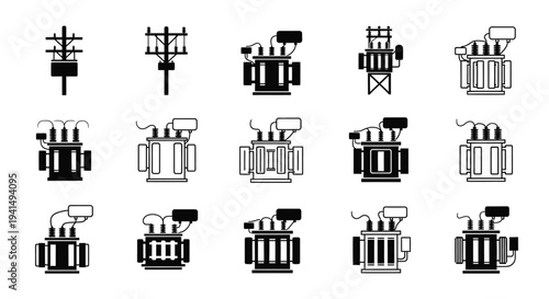 Various electrical transformers and substations depicted in a flat silhouette