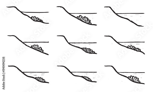 Black and white coastal erosion illustration shows nine variations of changing shorelines due to tidal action; conceptual drawing ideal for environmental studies.