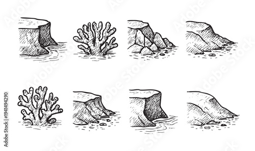 Hand-drawn black and white sketches feature coastal cliffs, rocky shorelines, and vibrant coral, offering a classic aesthetic for nautical illustrations or educational materials.