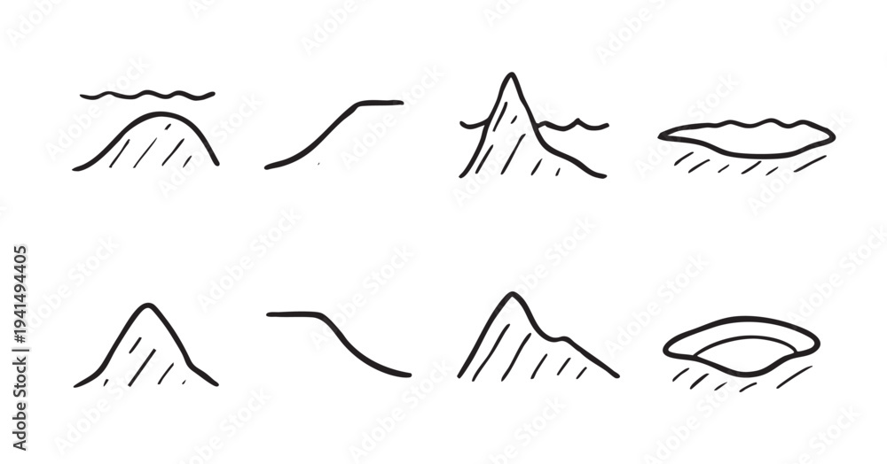 Fototapeta premium Simple black and white hand-drawn topography vector set isolated on white background, good for maps, education, or nature related projects.