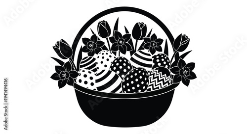 A black and white illustration depicts an easter basket overflowing with flowers and decorated eggs a striking silhouette high quality professional