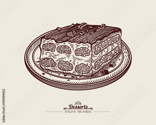 Tiramisu Cake Slice with Cocoa Powder and Chocolate Crumbs. Italian Classic Dessert. Line art Illustration, sketch style.