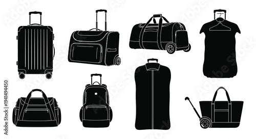 A collection of travel luggage icons including suitcases duffel bags and clothing rendered as a silhouette high quality professional detailed modern