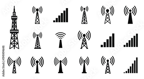 Various communication towers and signal strength indicators in a black silhouette