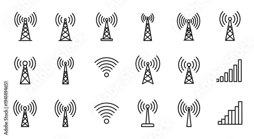 Collection of communication towers and wifi symbols in a linear style silhouette