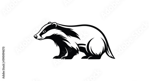 A striking black and white illustration showcases a badger in profile emphasizing its unique markings and form silhouette high quality professional