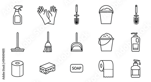 Cleaning supplies and tools in a simple black and white line art silhouette