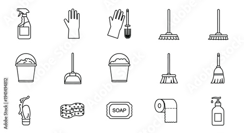 Cleaning supplies and tools depicted in a minimalist black and white silhouette