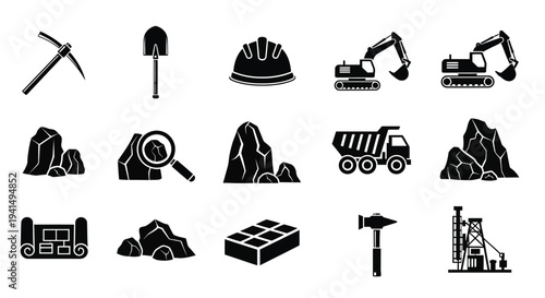 Mining tools and resources depicted in a black silhouette high quality
