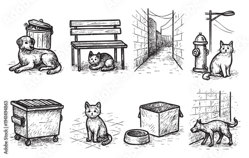 A set of black and white illustrations with sketchy style depicting urban scenes with animals, including dogs, cats, trash cans, alleyways, fire hydrants, and bench, creating a grungy and raw feel.
