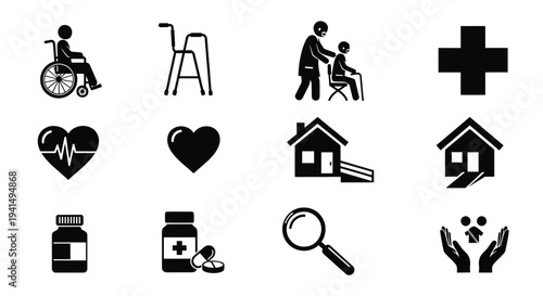 Healthcare symbols including accessibility medical and home care a silhouette