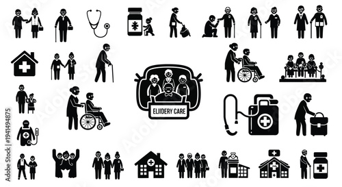 Diverse healthcare icons depicting medical staff patients and facilities silhouette