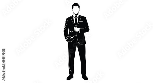 A formal depiction of a man in a suit and tie standing confidently with a coat in hand silhouette