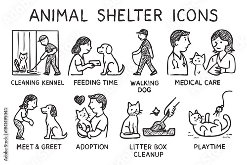 A black and white icon set illustrating various animal shelter activities, including cleaning, feeding, adoption, medical care, playtime, and walking a dog. Ideal for pet-related content.