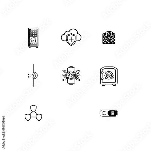 Sovereign AI infrastructure and data sovereignty linear icon set, localized data centers, secure private clouds and national AI network vector symbols