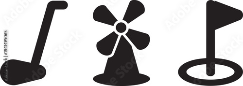 Golf club windmill and flag silhouette icons for sport and leisure activities