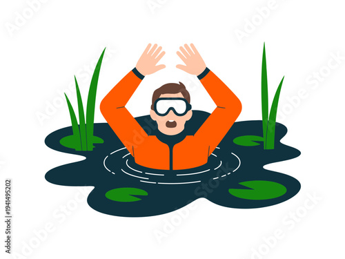 A cartoon man wearing a wetsuit and goggles is swimming in a pond with lily pads and aquatic plants.
