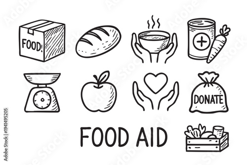 Black and white illustration depicting various food aid items such as a box, bread, soup, canned goods, and produce, symbolizing support and donations for those in need.
