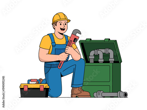 A cartoon plumber kneeling next to an open green toolbox with a large wrench