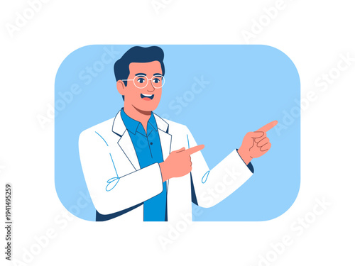 A smiling doctor in a white lab coat pointing to the right with a friendly gesture