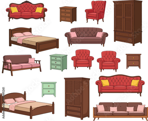 Collection of classic bedroom and living room furniture including beds, sofas, wardrobes and cabinets, vintage home interior elements isolated on white background