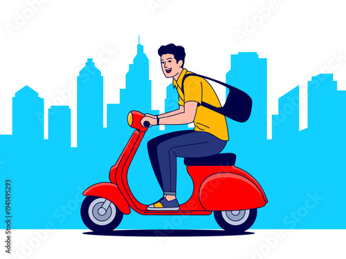 A delivery man riding a red scooter through a city with a backpack on a sunny day