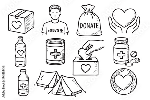 Black and white sketch illustration of charity and donation symbols, including volunteers, donations, heart, medical support, tents, and supplies in a simple drawing style.