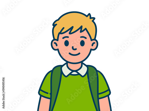 A cheerful cartoon boy with a green backpack and shirt standing happily