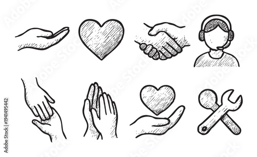This hand-drawn style image depicts various icons including hands offering, hearts, a handshake, a customer support representative, representing themes of support, love, teamwork, and assistance.