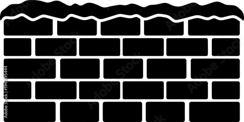 Black silhouette of a brick wall with mortar on a white background, construction element