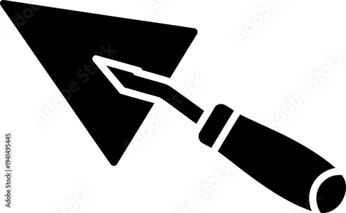 Black silhouette of a trowel on a white background, gardening and construction tool icon