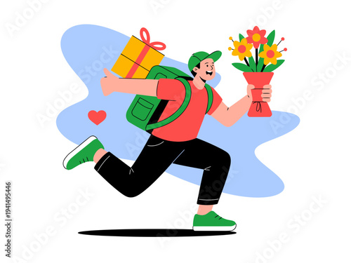 A cheerful delivery man running with a bouquet of flowers and a gift box in a colorful vector illustration
