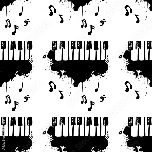 Seamless pattern with musical notes and piano keys on black and white. Vector illustration.