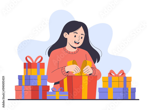 A smiling woman surrounded by colorful gifts and presents in a festive shopping scene