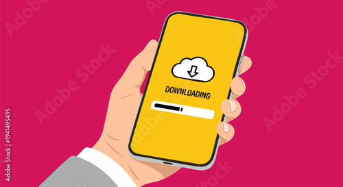Hand holding a modern smartphone with a yellow screen displaying a cloud download icon, 'DOWNLOADING' text, and a progress bar, on a vibrant pink background