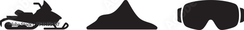 Snowmobile mountain and goggles silhouette icons for winter sports and adventure