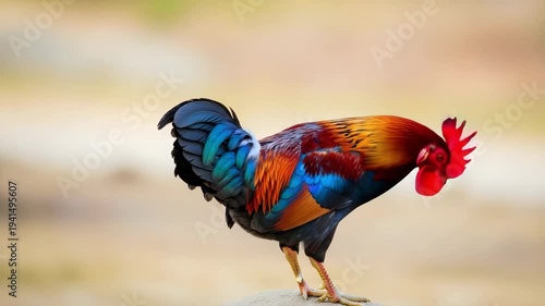 Vibrant rooster standing on a rock with colorful feathers and red comb