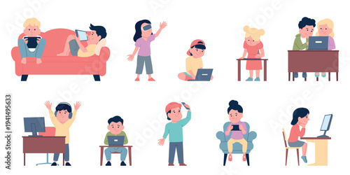Children using digital technologies. Kids studying with gadgets. Using laptops, tablets, smartphones, vr glasses. Modern tech lifestyle recent vector set