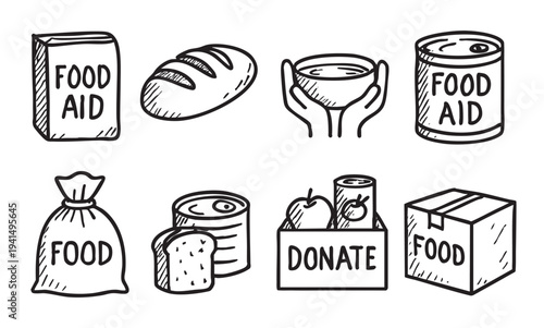 Hand drawn vector illustrations of food donation items, including cans, bread, and boxes, ideal for charity campaigns, hunger relief efforts, and community support materials.