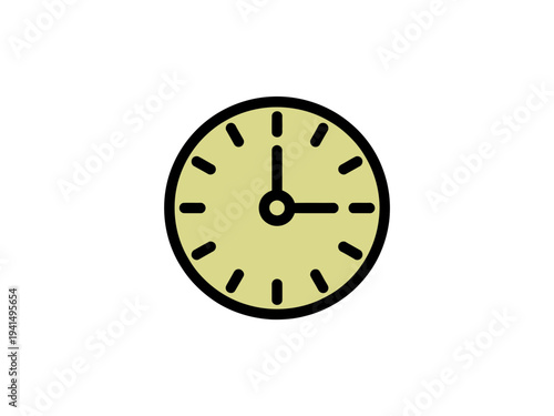 A minimalist vector graphic of a clock face with a pale yellow background and black hands and markers
