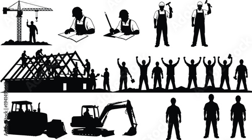 Collection of construction workers, engineers and heavy equipment silhouettes, building site activities with crane, excavator and teamwork isolated on white background