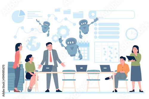Work process with ai. Android help office workers with working. Robot helpers, time management and brainstorming. Digital assistance, recent vector concept