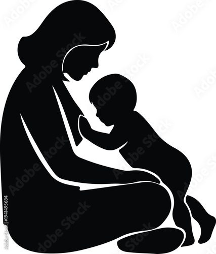 Vector mother breastfeeding baby loving care simple health concept silhouette design